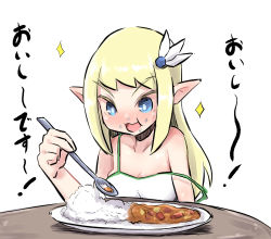 Rule 34 | 1girl, bad id, bad pixiv id, bare arms, bare shoulders, blonde hair, blue eyes, blush, breasts, cleavage, curry, curry rice, dress, eating, elf, food, food on face, holding, holding spoon, long hair, looking away, looking down, medium breasts, nose blush, original, plate, pointy ears, rice, rice on face, sidelocks, simple background, sleeveless, sleeveless dress, solo, sparkle, spoon, strap slip, table, translation request, u-non (annon&#039;an), upper body, v-shaped eyebrows, white background, white dress