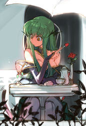 Rule 34 | 1girl, arthur (code geass), bare shoulders, boots, breasts, bridal gauntlets, c.c., cleavage, code geass, creayus, cup, flower, food, fruit, green hair, hair ornament, long hair, rose, shiny skin, sitting, strawberry, surprised, table, teacup, teapot, thigh boots, thighhighs, umbrella, yellow eyes