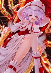 Rule 34 | 1girl, capelet, chain, curiosities of lotus asia, doburoku (daiginjou), fang, female focus, hat, highres, crossed legs, light purple hair, open mouth, red eyes, remilia scarlet, short hair, sitting, solo, throne, touhou