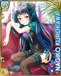 Rule 34 | 1girl, bags under eyes, black dress, black hair, black nails, black thighhighs, bow, card (medium), china dress, chinese clothes, couch, day, dress, girlfriend (kari), green bow, indoors, kurokawa nagiko, long hair, looking at viewer, nail polish, official art, on couch, open mouth, qp:flapper, red eyes, restaurant, short sleeves, sitting, solo, thighhighs, tired