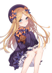 Rule 34 | 1girl, :o, abigail williams (fate), absurdres, black bow, black dress, black hat, blonde hair, bloomers, blue eyes, blush, bow, bug, butterfly, commentary request, dress, fate/grand order, fate (series), hair bow, hat, highres, hugging object, insect, long hair, long sleeves, looking at viewer, orange bow, parted bangs, parted lips, polka dot, polka dot bow, simple background, sitting, sleeves past wrists, solo, stuffed animal, stuffed toy, teddy bear, underwear, usagi an, very long hair, white background, white bloomers
