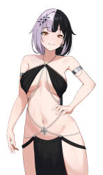 Rule 34 | 1girl, absurdres, arabian clothes, black hair, breasts, chain, grey hair, hair ornament, hand on own hip, harem outfit, highres, hololive, hololive english, ku roiko, looking at viewer, medium breasts, multicolored hair, navel, pelvic curtain, revealing clothes, shiny skin, shiori novella, short hair, simple background, smile, solo, split-color hair, standing, two-tone hair, virtual youtuber, white background, yellow eyes