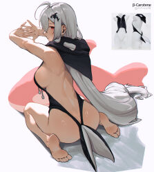 Rule 34 | 1girl, absurdres, ahoge, arknights, ass, bare arms, bare back, bare legs, bare shoulders, barefoot, breasts, butt crack, commentary request, highres, large breasts, long hair, looking at viewer, lufi ays, orca hair ornament, own hands together, red eyes, sidelocks, simple background, sitting, skadi (arknights), solo, very long hair, wariza, white background, white hair
