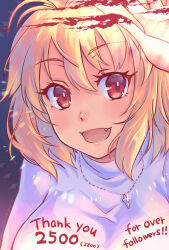 Rule 34 | 1girl, :d, antenna hair, arcueid brunestud, blonde hair, breasts, english text, fang, highres, isurugiratone, jewelry, large breasts, looking at viewer, milestone celebration, open mouth, pendant, red eyes, short hair, smile, solo, tsukihime, upper body