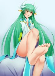 Rule 34 | 1girl, absurdres, barefoot, blush, fate/grand order, fate (series), feet, foot focus, green hair, hand on own face, highres, kiyohime (fate), long hair, looking at viewer, parted lips, pov, sitting, soles, toes, yellow eyes