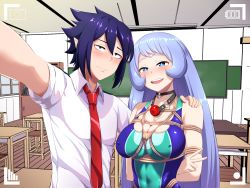 Rule 34 | 1boy, 1girl, amajiki tamaki, ball gag, bare shoulders, bdsm, black hair, blue eyes, blue hair, blush, boku no hero academia, bondage, bound, breasts, chair, classroom, cleavage, competition swimsuit, covered erect nipples, desk, gag, gag around neck, unworn gag, hadou nejire, hand on another&#039;s shoulder, hetero, highres, indoors, large breasts, necktie, one-piece swimsuit, open mouth, outstretched arm, restrained, rimutsutaka, rope, school chair, school desk, school uniform, selfie, short sleeves, smile, swimsuit, ungagged, v
