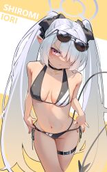Rule 34 | 1girl, absurdres, bare shoulders, bikini, black bikini, black choker, blue archive, blush, breasts, choker, closed mouth, collarbone, cowboy shot, demon tail, eyewear on head, hair ornament, hair over one eye, halo, halterneck, highres, iori (blue archive), iori (swimsuit) (blue archive), long hair, looking at viewer, medium breasts, multi-strapped bikini bottom, navel, official alternate costume, painterliuhao, pointy ears, red eyes, simple background, solo, standing, stomach, string bikini, sunglasses, swimsuit, tail, thigh strap, twintails, very long hair, white background