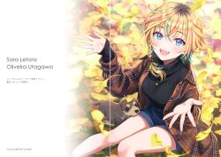 Rule 34 | 1girl, absurdres, animal, autumn leaves, blonde hair, blue eyes, blush, braid, breasts, day, dog, grey hair, hands up, highres, jewelry, leaf, lips, long sleeves, looking at viewer, medium breasts, morikura en, multicolored hair, necklace, open clothes, open mouth, open shirt, original, outdoors, puppy, red hair, scan, short hair, shorts, sitting, sleeves past wrists, teeth, turtleneck, upper teeth only