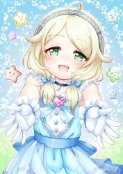 Rule 34 | 1girl, :d, ahoge, blonde hair, blue bow, blue dress, blush, bow, commentary request, dress, frilled gloves, frills, gloves, green eyes, hair bow, heart, highres, idolmaster, idolmaster cinderella girls, idolmaster cinderella girls starlight stage, long hair, looking at viewer, low twintails, open mouth, outstretched arms, pleated dress, regular mow, smile, solo, star (symbol), swept bangs, twintails, white dress, yusa kozue