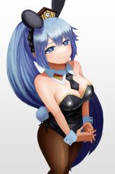 Rule 34 | 1girl, absurdres, animal ears, blue eyes, blue hair, blush, breasts, che to n, cleavage, clock, detached collar, fake animal ears, fake tail, hairband, half-closed eyes, highres, karlsruhe (mist train girls), large breasts, leotard, long hair, looking at viewer, mist train girls, necktie, own hands together, pantyhose, playboy bunny, ponytail, rabbit ears, rabbit tail, short necktie, smile, solo, strapless, strapless leotard, sweat, tail, very long hair, wrist cuffs
