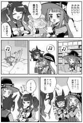 Rule 34 | 4koma, absurdres, alternate costume, animal ears, bag, blunt bangs, blush, bow, bowtie, braid, comic, flying sweatdrops, glasses, greyscale, hair between eyes, hat, highres, horse ears, horse girl, horse tail, kitasan black (umamusume), kudach i, long hair, long sleeves, matching outfits, monochrome, musical note, nail polish, open mouth, pajamas, pleated skirt, puffy short sleeves, puffy sleeves, school bag, school uniform, short hair, short sleeves, skirt, smile, spoken musical note, sweep tosho (umamusume), tail, tosen jordan (umamusume), tracen school uniform, translation request, twintails, umamusume, witch hat, zenno rob roy (umamusume)