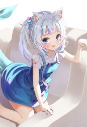 Rule 34 | 1girl, absurdres, animal ears, blue eyes, blue hair, blue nails, blue overalls, blue skirt, blunt bangs, blush, commentary request, couch, fins, fish tail, gawr gura, gawr gura (casual), hair ornament, highres, hololive, hololive english, kneeling, light blue hair, monmo mu, multicolored hair, nail polish, overalls, paw pose, ponytail, shark tail, sharp teeth, short sleeves, silver hair, skirt, solo, streaked hair, tail, teeth, virtual youtuber
