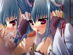 Rule 34 | 00s, 1girl, breasts, censored, chouun, cleavage, cum, cum in mouth, game cg, hair ornament, katagiri hinata, koihime musou, large breasts, mosaic censoring, penis, red eyes, silver hair, tongue