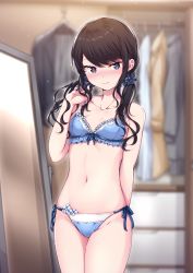 Rule 34 | 1girl, black hair, blue bra, blue panties, blue scrunchie, blurry, blurry background, bra, breasts, collarbone, commentary request, cowboy shot, depth of field, frilled bra, frilled panties, frills, groin, hair ornament, hair over shoulder, hair scrunchie, highres, kotohane, light smile, long hair, looking at viewer, low twintails, mirror, navel, original, panties, scrunchie, side-tie panties, small breasts, solo, twintails, underwear, underwear only, wardrobe