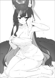 Rule 34 | 1girl, animal ears, black hair, blue archive, breasts, cleavage, commentary, fox ears, fox girl, fox tail, greyscale, halo, highres, holding, holding towel, jun project, large breasts, monochrome, naked towel, one eye closed, simple background, solo, tail, towel, wakamo (blue archive), white background, wiping face