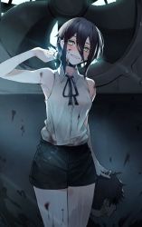 Rule 34 | 1boy, 1girl, arm at side, bare arms, bare shoulders, black choker, black hair, black ribbon, black shorts, blood, breasts, brown hair, chainsaw man, choker, commentary request, green eyes, grin, guro, hair between eyes, hand up, highres, holding head, injury, looking at viewer, luobo (nsnr8754), neck ribbon, reze (chainsaw man), ribbon, severed head, shirt, short hair, shorts, sleeveless, sleeveless shirt, smile, solo focus, teeth, white shirt