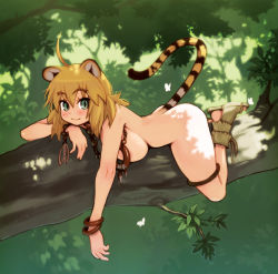 Rule 34 | 1girl, ahoge, animal ears, ass, blonde hair, bracelet, breast press, breasts, cat ears, cat tail, eyebrows, green eyes, huge breasts, in tree, jewelry, jungle, large breasts, lying, nature, nude, on stomach, original, ryoji (nomura ryouji), sandals, shade, smile, solo, tail, tiger ears, tiger tail, tree