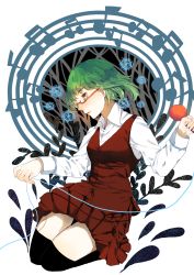 Rule 34 | 1girl, absurdres, beamed quavers, black thighhighs, cable, collared shirt, dress, glasses, green hair, gumi, highres, microphone, musical note, over-kneehighs, quaver, red-framed eyewear, red dress, rkl (ailisizaomigan), seiza, semi-rimless eyewear, shirt, short hair, sitting, solo, thighhighs, under-rim eyewear, vocaloid, white shirt, yellow eyes