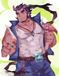 Rule 34 | 1boy, bara, belt, blue hair, broken horn, covered abs, covered navel, cowboy shot, dark blue hair, demon boy, demon horns, facial hair, goatee stubble, hammer, horns, huge eyebrows, hydaus, large pectorals, male focus, muscular, muscular male, mutton chops, one eye closed, pectoral cleavage, pectorals, pointing, pointing at viewer, short hair, sketch, smile, solo, stubble, takemaru (housamo), tokyo houkago summoners, tusks