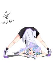 Rule 34 | 1boy, absurdres, artist request, bike shorts, blue hair, blush, gloves, hacka doll, hacka doll 3, highres, jack-o&#039; challenge, long hair, male focus, open mouth, purple eyes, shorts, solo, top-down bottom-up, trap, white background