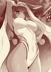 Rule 34 | 1girl, animal ears, arm up, armpits, bare shoulders, breasts, collarbone, competition swimsuit, covered navel, dark-skinned female, dark skin, earrings, facepaint, facial mark, fate/grand order, fate (series), greyscale, hairband, highleg, highleg swimsuit, highres, hoop earrings, jackal ears, jewelry, large breasts, long hair, looking at viewer, low-tied long hair, m-da s-tarou, monochrome, necklace, nitocris (fate), nitocris (fate/grand order), nitocris (swimsuit assassin) (fate), nitocris (swimsuit assassin) (second ascension) (fate), one-piece swimsuit, sidelocks, solo, swimsuit, thighs, very long hair
