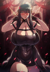Rule 34 | 1boy, 1girl, absurdres, alternate breast size, armpits, arms up, back-to-back, bare shoulders, black dress, black gloves, black hair, black thighhighs, blood, blood on face, bloody weapon, blush, braid, braided bun, breasts, cleavage, collarbone, covered navel, cowboy shot, dagger, daggers, dress, dual wielding, gloves, gold hairband, hair between eyes, hair bun, hairband, highres, holding, holding dagger, holding knife, holding weapon, huge breasts, knife, light particles, light rays, linea alba, long hair, looking at viewer, off-shoulder dress, off shoulder, petals, red eyes, reflection, restart, ribbon, shiny skin, short hair, sidelocks, skin tight, smile, solo focus, spy x family, taut clothes, taut dress, thick thighs, thighhighs, thighs, twilight (spy x family), weapon, yor briar
