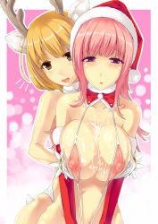 Rule 34 | 2girls, animal ears, antlers, bad id, bad pixiv id, bikini, blonde hair, blush, bonsuke, breasts, breasts squeezed together, brown eyes, christmas, covered erect nipples, cum, cum on body, cum on breasts, cum on upper body, elbow gloves, gloves, grabbing, grabbing another&#039;s breast, hat, highres, horns, large breasts, long hair, multiple girls, open mouth, original, pink eyes, pink hair, red gloves, santa hat, see-through, short hair, slingshot swimsuit, swimsuit, white gloves