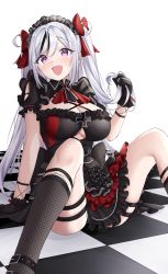Rule 34 | 1girl, absurdres, azur lane, black dress, black gloves, black hair, breasts, cleavage, clothing cutout, cross, dress, elbe (azur lane), elbe (time to show off?) (azur lane), fang, frilled dress, frills, gloves, highres, holding, iron cross, jyu-so, large breasts, layered dress, long hair, looking at viewer, multicolored hair, official alternate costume, on floor, open mouth, purple eyes, simple background, sitting, smile, solo, streaked hair, underboob cutout