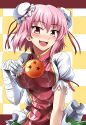 Rule 34 | 1girl, ball, bandages, blush, bow, breasts, bun cover, checkered background, chinese clothes, double bun, dragon ball, dragon ball (object), e.o., female focus, flower, hair bun, highres, ibaraki kasen, looking at viewer, open mouth, pink eyes, pink hair, red eyes, rose, short hair, short sleeves, smile, solo, star (symbol), tabard, touhou