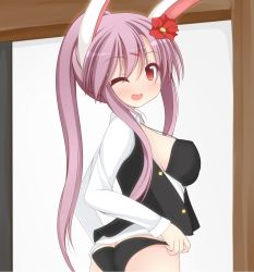 Rule 34 | 1girl, animal ears, ass, bad id, bad pixiv id, blush, bra, breasts, rabbit ears, chimunge, dress shirt, female focus, flower, hair flower, hair ornament, hairclip, long hair, one eye closed, open clothes, open shirt, panties, ponytail, reisen udongein inaba, shirt, solo, touhou, underwear, wink