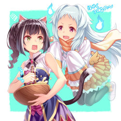 Rule 34 | animal ear fluff, animal ears, bare shoulders, black hair, black legwear, blush, breasts, brown scarf, brown skirt, cat ears, cat girl, cat tail, commentary request, dress, fang, food, gem, green background, green eyes, highres, holding, karyl (princess connect!), long hair, long sleeves, medium breasts, miyako (princess connect!), multicolored hair, open mouth, pantyhose, porikeracchou, princess connect!, pudding, red eyes, scarf, shoes, simple background, skin fang, skirt, sleeveless, sleeveless dress, sleeves past fingers, sleeves past wrists, smile, streaked hair, tail, translation request, two side up, very long hair, white background, white footwear, white hair