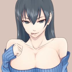 Rule 34 | 1girl, ameji (yuji-nba), bare shoulders, black hair, breasts, busujima saeko, collarbone, female focus, grey eyes, highschool of the dead, large breasts, licking lips, long hair, naked sweater, naughty face, off-shoulder, off-shoulder sweater, off shoulder, ribbed sweater, simple background, smile, solo, sweater, tongue, tongue out
