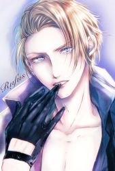 Rule 34 | 1boy, biting, black gloves, blonde hair, blue eyes, character name, collar, collarbone, final fantasy, final fantasy vii, final fantasy vii remake, fingerless gloves, gloves, high collar, looking at viewer, male focus, parted lips, pectorals, pectoral cleavage, pectorals, removing glove, rufus shinra, short hair, solo, square enix, teeth