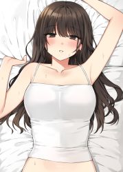 Rule 34 | 1girl, animal ears, arm up, armpits, bad id, bad pixiv id, blunt bangs, blush, breasts, brown eyes, brown hair, canape (canape0130), collarbone, commentary request, earrings, highres, jewelry, korean commentary, large breasts, long hair, medium breasts, original, parted lips, pillow, pillow grab, solo, stud earrings, sweat, upper body
