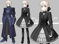 Rule 34 | 00s, 1girl, :t, armor, armored dress, artoria pendragon (all), artoria pendragon (fate), blonde hair, dress, fate/hollow ataraxia, fate/stay night, fate (series), official alternate costume, pantyhose, saber (fate), saber alter, takeuchi takashi, yellow eyes