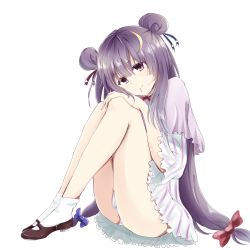 Rule 34 | 1girl, absurdres, bad id, bad pixiv id, capelet, crescent, crescent hair ornament, double bun, dress, full body, hair bun, hair in own mouth, hair ornament, highres, long hair, looking at viewer, mary janes, panties, patchouli knowledge, purple eyes, purple hair, shoes, simple background, smile, solo, takitou, touhou, underwear, very long hair, white background, white panties