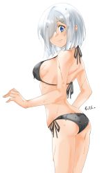 Rule 34 | 1girl, absurdres, bikini, black bikini, blue eyes, breasts, cowboy shot, hair ornament, hair over one eye, hairclip, halterneck, hamakaze (kancolle), highres, kantai collection, large breasts, looking at viewer, maonatten, one-hour drawing challenge, short hair, side-tie bikini bottom, simple background, solo, string bikini, swimsuit, white background, white hair
