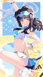 Rule 34 | 1girl, animal ears, black hair, blue archive, blue eyes, bracelet, breasts, cheerleader, cleavage, commentary, dog ears, dog girl, dog tail, drone, eyewear on head, halo, hibiki (blue archive), hibiki (cheer squad) (blue archive), highres, jewelry, medium breasts, medium hair, midriff, millennium cheerleader outfit (blue archive), miniskirt, navel, official alternate costume, pleated skirt, pom pom (cheerleading), ponytail, shoes, sidelocks, skirt, sneakers, solo, standing, standing on one leg, star sticker, sticker on arm, sticker on face, stomach, sunglasses, sweat, tail, uruc, white footwear