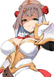 Rule 34 | 1girl, armor, bebebe (pepegakii), braid, braided bangs, breasts, cleavage, flower, genshin impact, green eyes, hair flower, hair ornament, highres, large breasts, looking at viewer, maid, maid headdress, noelle (genshin impact), open mouth, red flower, red rose, rose, shoulder armor, simple background, solo, white background