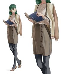 Rule 34 | 1girl, book, commentary, english commentary, formal, green eyes, green hair, green skirt, head out of frame, high heels, highres, holding, holding book, jacket, jacket on shoulders, long hair, long sleeves, multiple views, open book, original, pantyhose, shirt, simple background, skirt, solo, standing, tbocart, turning head, white background