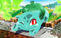 Rule 34 | animal focus, blurry, blurry foreground, bright pupils, bulbasaur, claws, closed mouth, commentary request, creatures (company), game freak, gen 1 pokemon, grass, leaf, monjiro, nintendo, no humans, nostrils, one eye closed, outdoors, playground, pokemon, pokemon (creature), rock, shadow, sidewalk, solo, white pupils