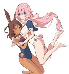Rule 34 | 2girls, animal ears, artist request, azur lane, bad id, bad pixiv id, blue eyes, blue one-piece swimsuit, blush, breasts, brown eyes, brown hair, dark-skinned female, dark skin, floating hair, hair between eyes, hair ribbon, hairband, i-25 (azur lane), i-26 (azur lane), large breasts, long hair, looking at viewer, low-tied long hair, multiple girls, one-piece swimsuit, open mouth, parted bangs, pink hair, rabbit ears, rabbit tail, ribbon, sailor collar, short hair, simple background, strapless, strapless one-piece swimsuit, swimsuit, tail, very long hair, white background, white one-piece swimsuit, white sailor collar
