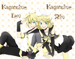 Rule 34 | 1boy, 1girl, aqua eyes, arm warmers, bad id, bad pixiv id, blonde hair, bow, brother and sister, detached sleeves, dress, hair ornament, hairclip, headphones, kagamine len, kagamine rin, necktie, open mouth, patterned, ribbon, short hair, siblings, sitting, smile, star (symbol), text focus, thighhighs, twins, vocaloid, zettai ryouiki, zukeyni