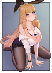 Rule 34 | 1girl, absurdres, all fours, animal ears, arm support, bare shoulders, black skirt, blonde hair, blue eyes, blush, breasts, brown pantyhose, cleavage, closed mouth, collarbone, collared shirt, commission, curvy, from above, full body, hantata, highres, huge breasts, id card, kneeling, lanyard, large breasts, long hair, looking at viewer, no nose, office lady, original, outside border, pantyhose, partially unbuttoned, pencil skirt, rabbit ears, shirt, simple background, skirt, smile, upturned eyes, very long hair, white shirt, wristband