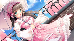 Rule 34 | 1girl, blue sky, blunt bangs, blush, breasts, brick wall, brown hair, center frills, cherry blossoms, cloud, collared shirt, day, dress, dutch angle, fence, fingernails, flower, frilled dress, frilled hairband, frilled shirt collar, frilled sleeves, frilled umbrella, frills, fujikura ryuune, green eyes, hairband, hand up, holding, holding umbrella, juliet sleeves, lolita fashion, long hair, long sleeves, looking at viewer, medium breasts, open mouth, original, outdoors, petals, pink dress, pink flower, puffy sleeves, shirt, sky, sleeveless, sleeveless dress, sleeves past wrists, solo, striped clothes, striped dress, sweet lolita, umbrella, vertical-striped clothes, vertical-striped dress, very long hair, white hairband, white shirt, white umbrella, wide sleeves