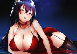 Rule 34 | 1girl, absurdres, ahoge, azur lane, bad id, bad pixiv id, bare shoulders, black hair, black thighhighs, blush, breasts, choker, cleavage, cocktail dress, collarbone, commentary request, crossed bangs, dress, garter straps, hair between eyes, hair ornament, half-closed eyes, head tilt, highres, j.moon, large breasts, long hair, looking at viewer, lying, official alternate costume, on side, open mouth, red choker, red dress, red eyes, solo, taihou (azur lane), taihou (forbidden feast) (azur lane), thighhighs, thighs, very long hair