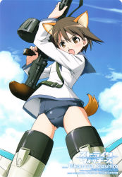 Rule 34 | 00s, 1girl, absurdres, angry, animal ears, brown eyes, brown hair, drum magazine, female focus, gun, highres, magazine (weapon), mecha musume, miyafuji yoshika, no pants, official art, one-piece swimsuit, outdoors, scan, school swimsuit, school uniform, short hair, sky, solo, strike witches, striker unit, swimsuit, swimsuit under clothes, tail, takamura kazuhiro, weapon, world witches series