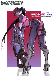 Rule 34 | 1girl, armor, armored boots, ass, body writing, bodysuit, boots, breasts, center opening, character name, closed mouth, colored skin, from behind, full body, gauntlets, gloves, greaves, gun, head-mounted display, high heel boots, high heels, highres, holding, holding gun, holding weapon, holster, jinwoo song, knee boots, knee pads, leaning forward, lips, long hair, looking at viewer, looking back, medium breasts, overwatch, overwatch 1, pauldrons, pink bodysuit, planted, ponytail, purple hair, purple lips, purple skin, rifle, shoulder armor, shoulder pads, skin tight, smile, sniper rifle, solo, thigh holster, thigh strap, very long hair, visor, watermark, weapon, web address, widowmaker (overwatch), yellow eyes