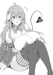 Rule 34 | 1girl, ahoge, alternate breast size, arm at side, arm support, bare shoulders, bow, bowtie, breasts, cleavage, commentary request, cup-chan, curled horns, demon tail, detached collar, detached sleeves, dot nose, feet out of frame, furrowed brow, greyscale, hair between eyes, highres, horns, huge breasts, long hair, machikado mazoku, monochrome, open mouth, simple background, sitting, solo, sweat, tail, thighhighs, white background, yoshida yuuko (machikado mazoku)