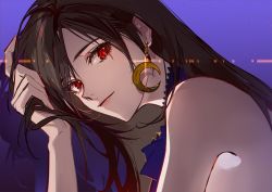 Rule 34 | 1girl, bare shoulders, black hair, brown hair, crescent, crescent earrings, crescent moon, dress, earrings, eyelashes, final fantasy, final fantasy vii, final fantasy vii remake, highres, jewelry, long hair, looking at viewer, moon, neck ribbon, official alternate costume, red eyes, ribbon, satsuya, simple background, sleeveless, sleeveless dress, solo, square enix, tifa lockhart, tifa lockhart (refined dress), upper body, wall market